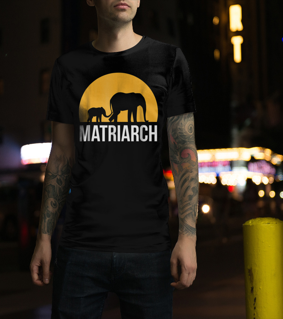 Matriarch Elephant Silhouette With Yellow Sunset Circle T-Shirt