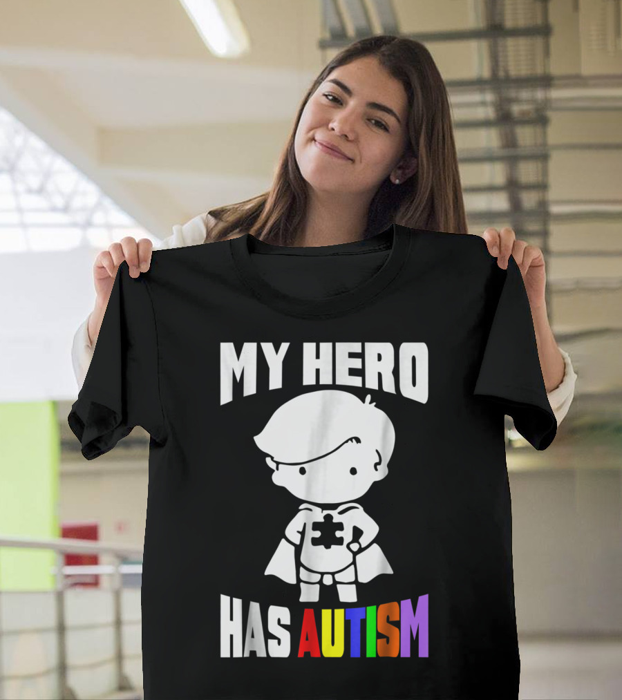 My Hero Has Autism Mom From Son56 Puzzle Cape Hero T-Shirt