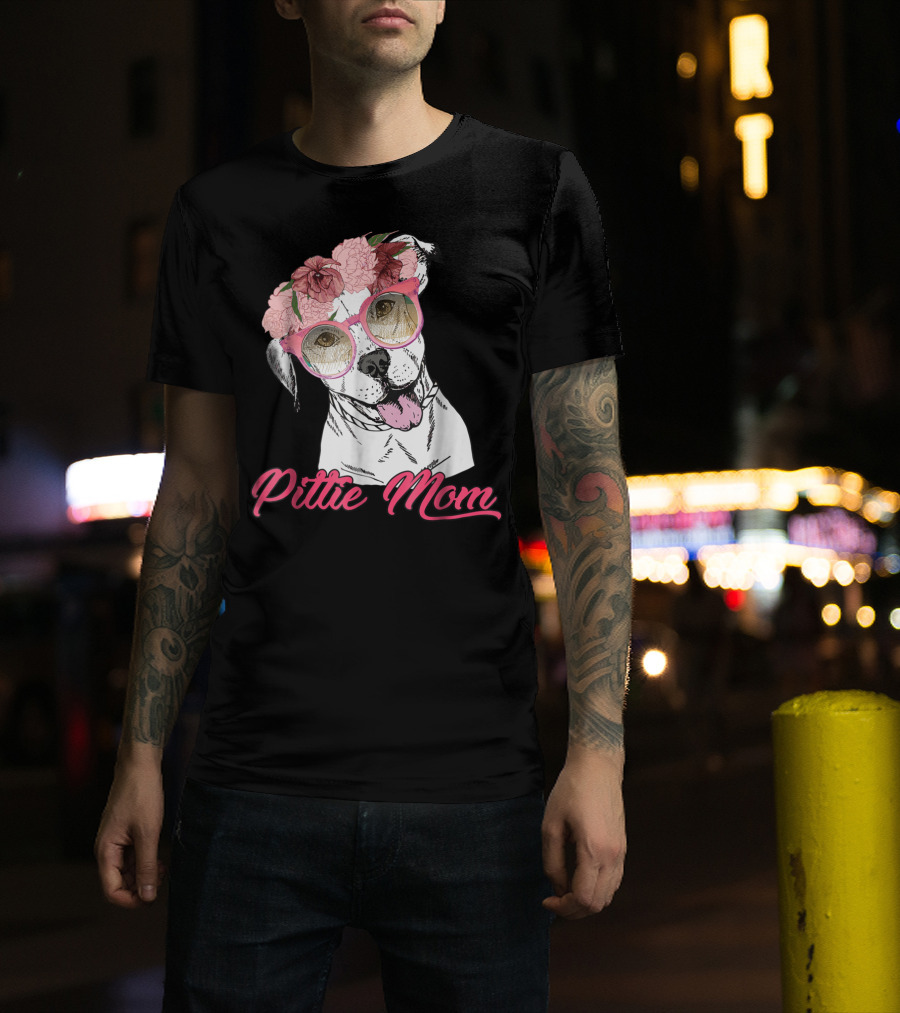 Pittie Mom With Flower Crown And Sunglasses Pitbull T-Shirt