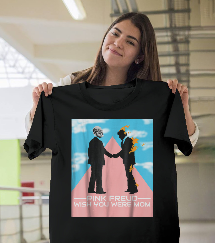 Pink Freud Wish You Were Mom Band Silhouettes on Pink Triangle with Blue Sky Background T-Shirt