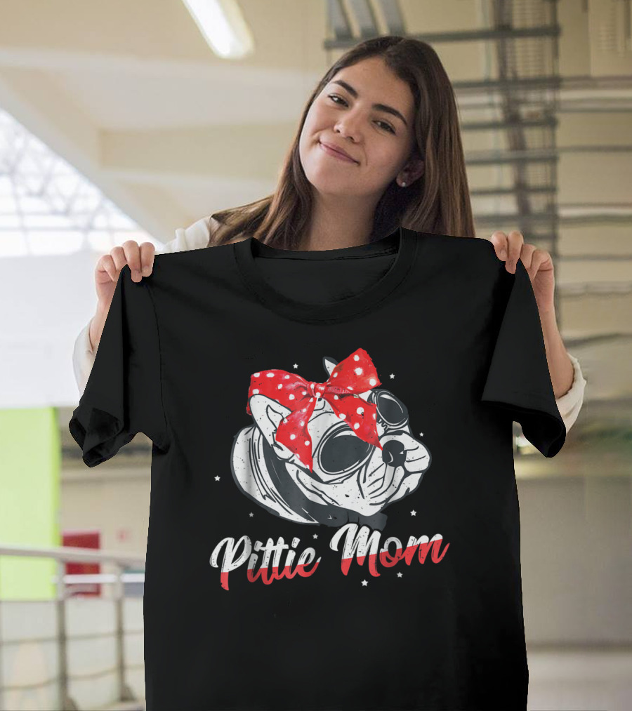 Pittie Mom American Pitbull Dog Lover Red Polka Dot Bow Glasses T-Shirt