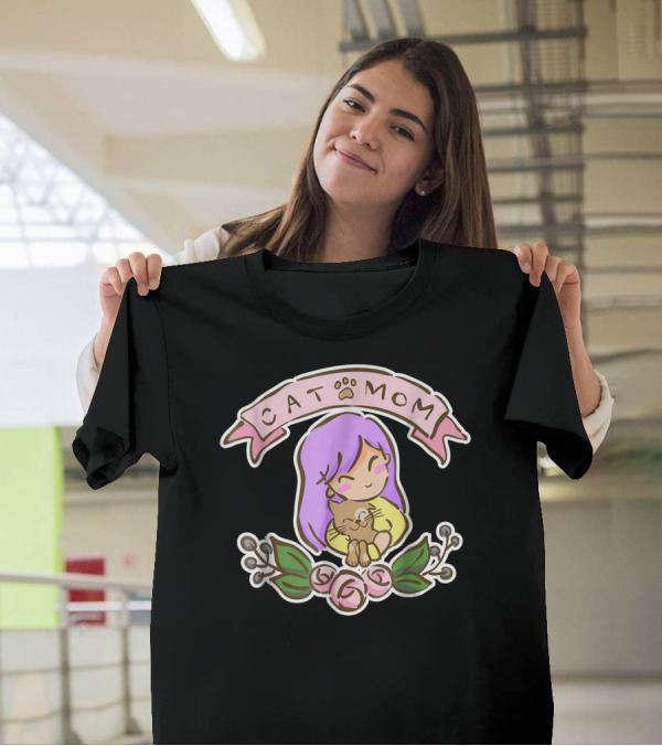Cat Mom Cute Drawing With Purple Hair And Cat Hug T-Shirt
