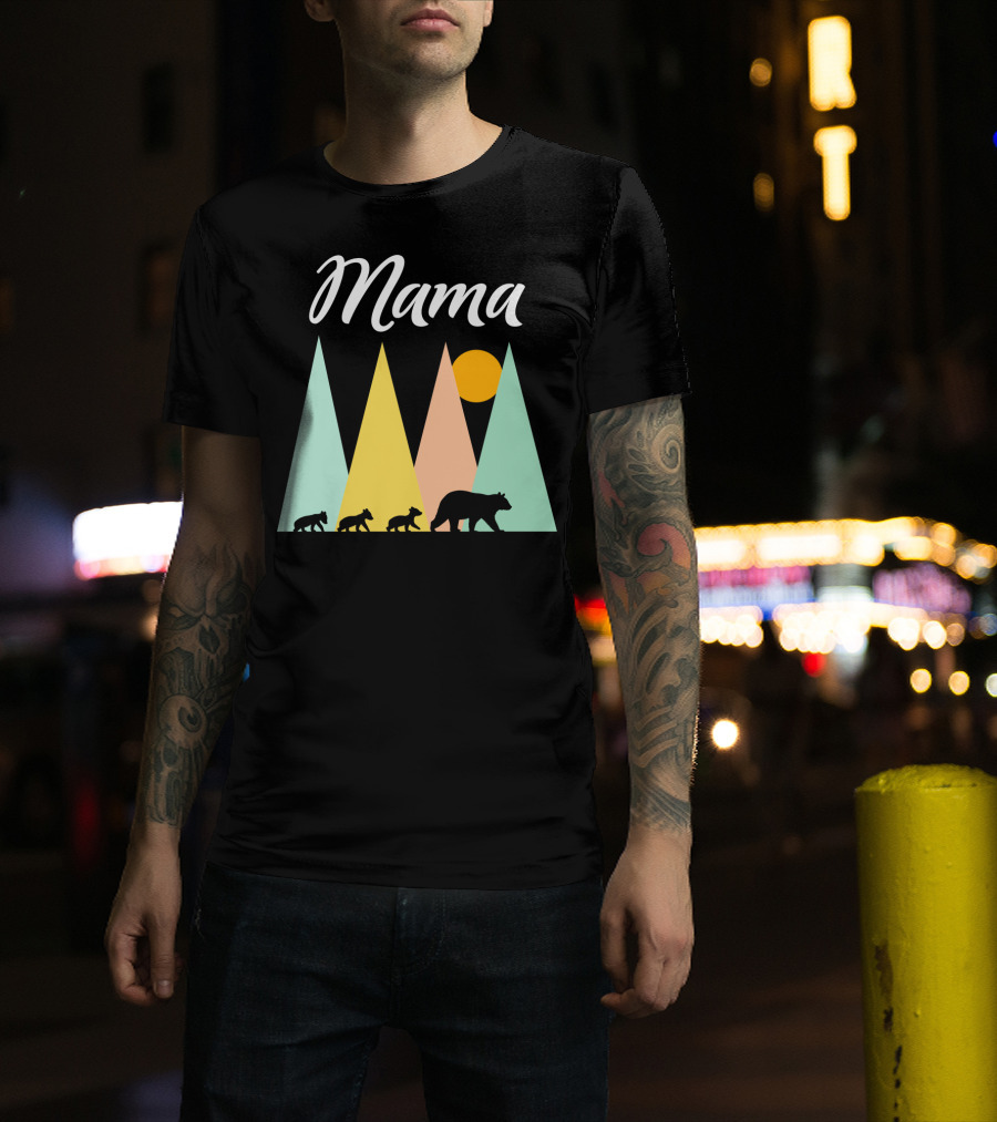 Mama Bear With Three Cubs Camping In The Mountains T-Shirt
