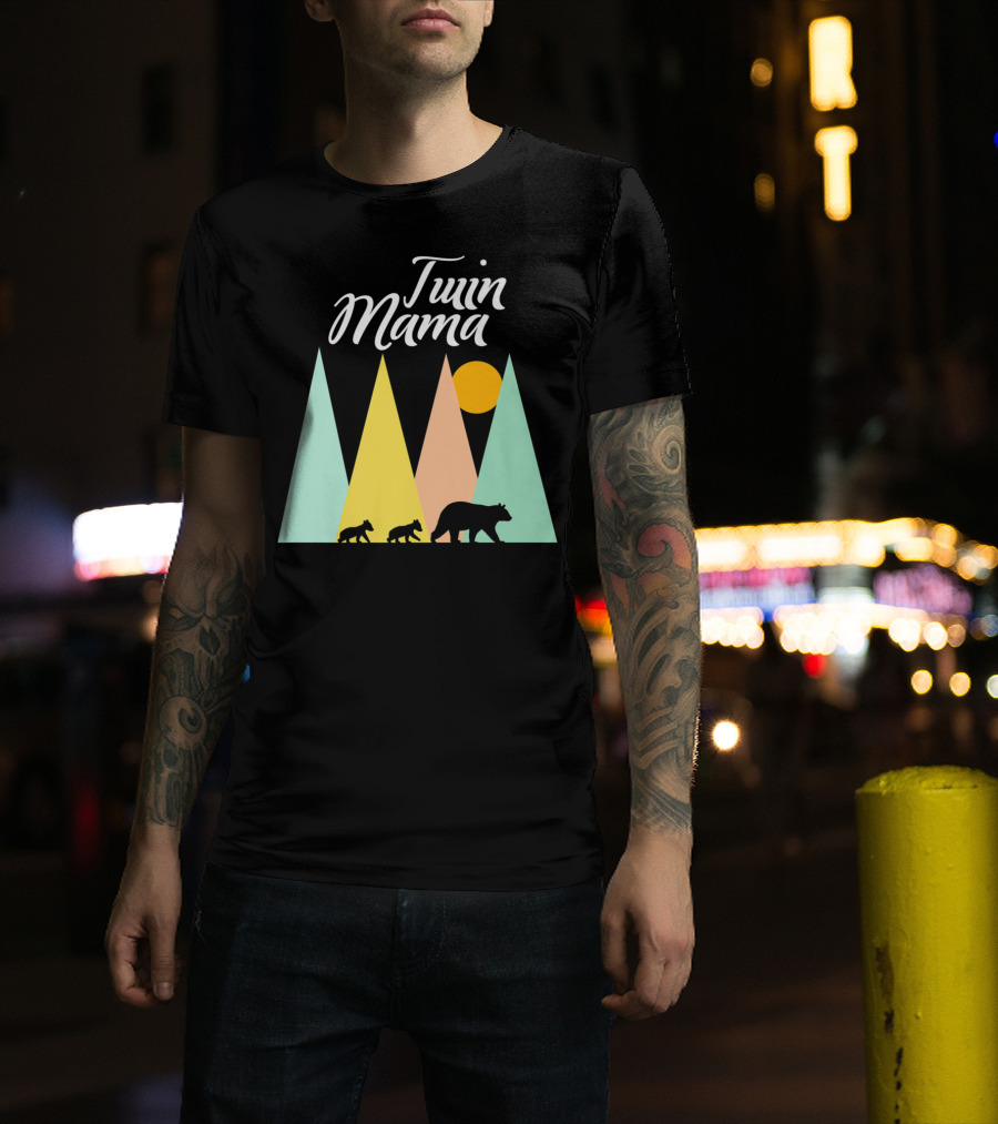 Twin Mama Bear With Cubs In Colorful Forest Scene T-Shirt