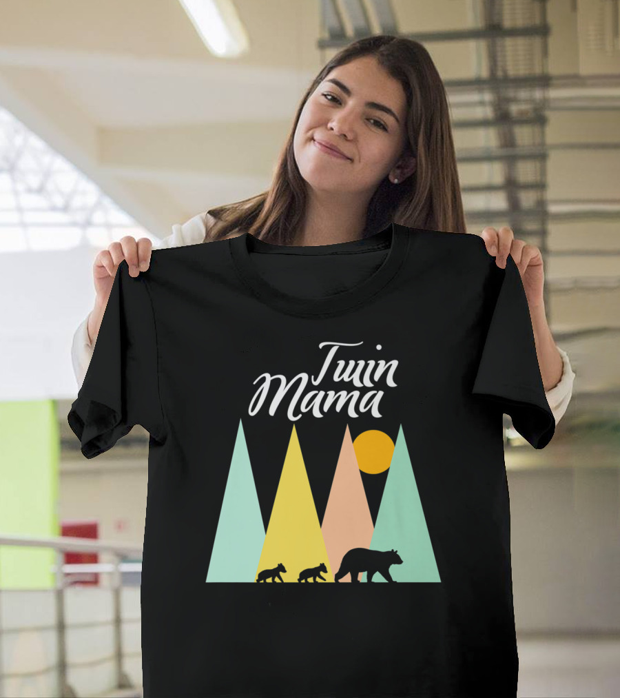 Twin Mama Bear With Cubs In Colorful Forest Scene T-Shirt