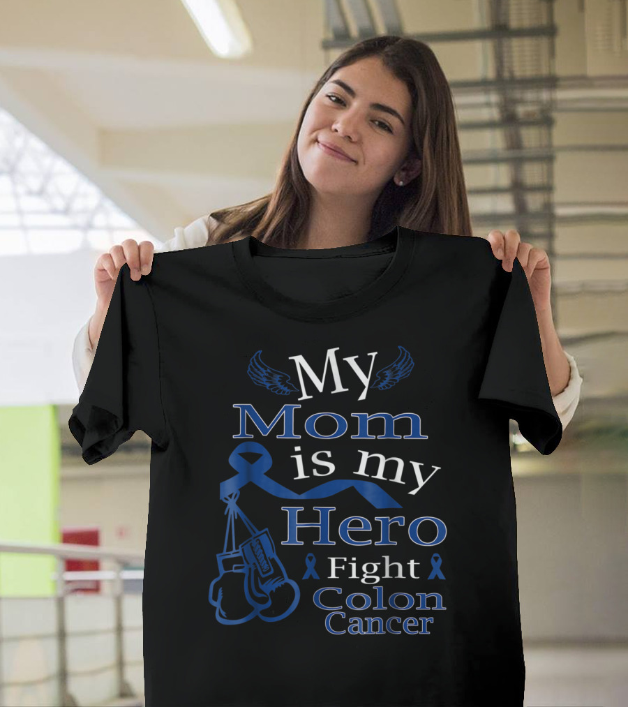 My Mom Is My Hero Fight Colon Cancer Blue Ribbon Boxing Gloves T-Shirt