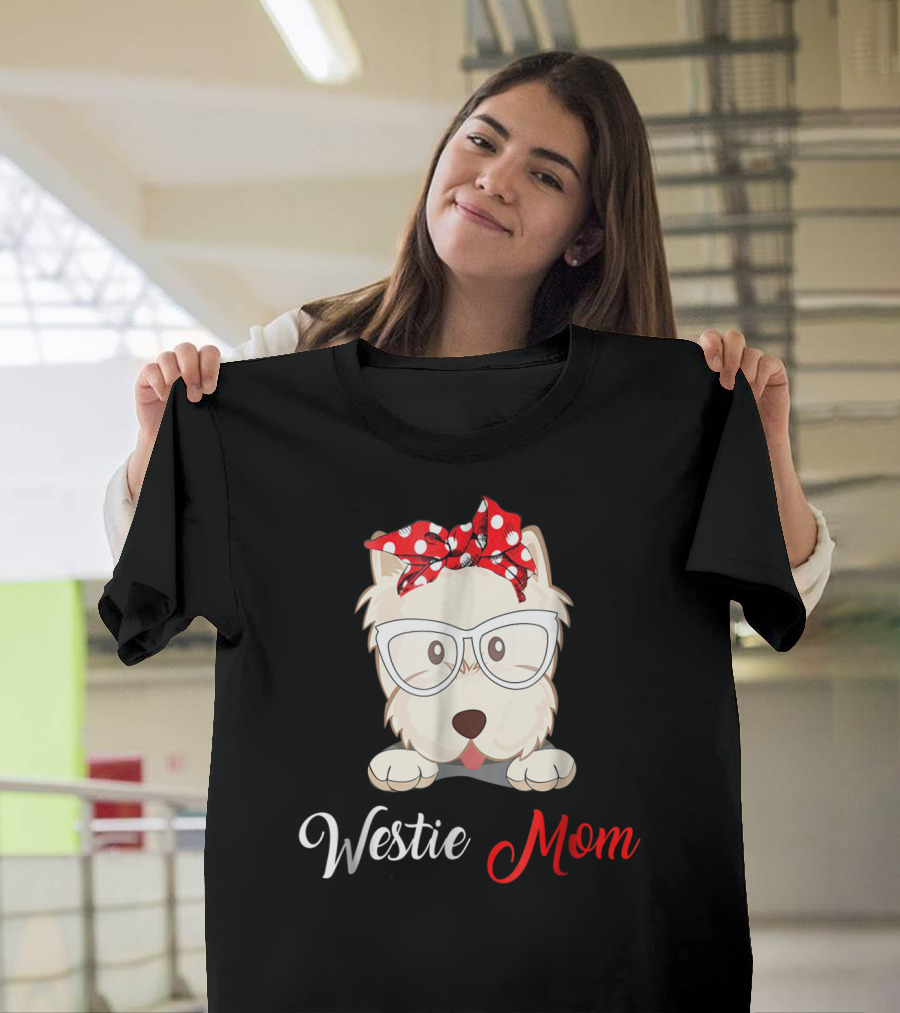 Westie Mom Glasses And Red Bow Dog Mom T-Shirt