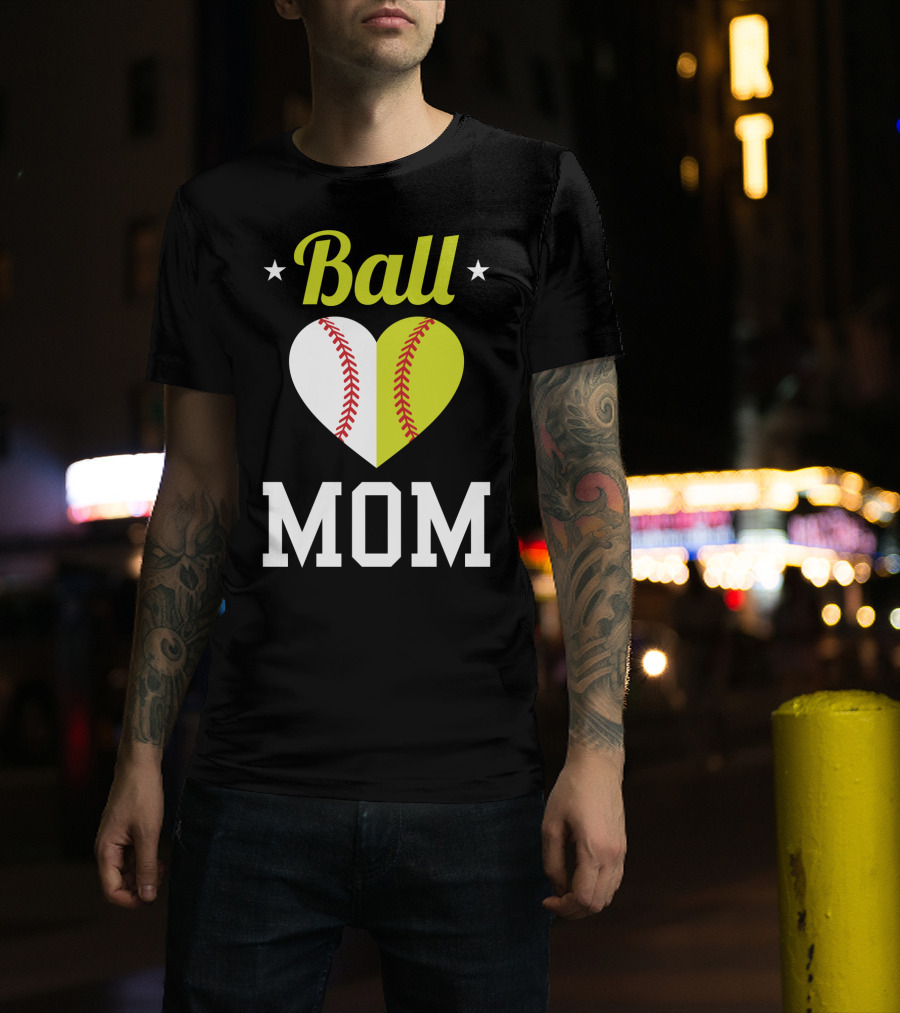 Ball Mom Heart Baseball Softball Dual Sports Mom T-Shirt
