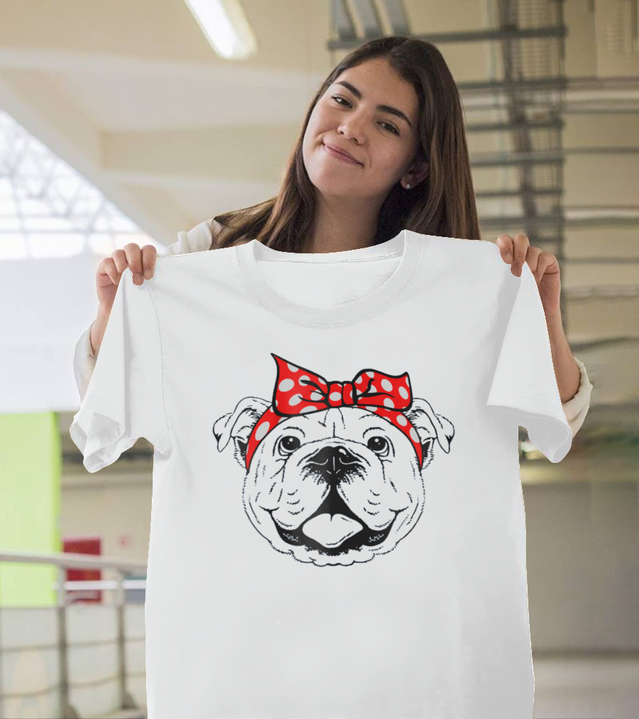Bulldog Mom Funny Dog Red Polka Dot Bow T-Shirt