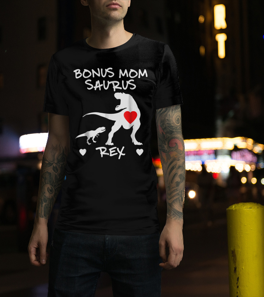 Bonus Mom Saurus Rex Dinosaur Hearts T-Shirt