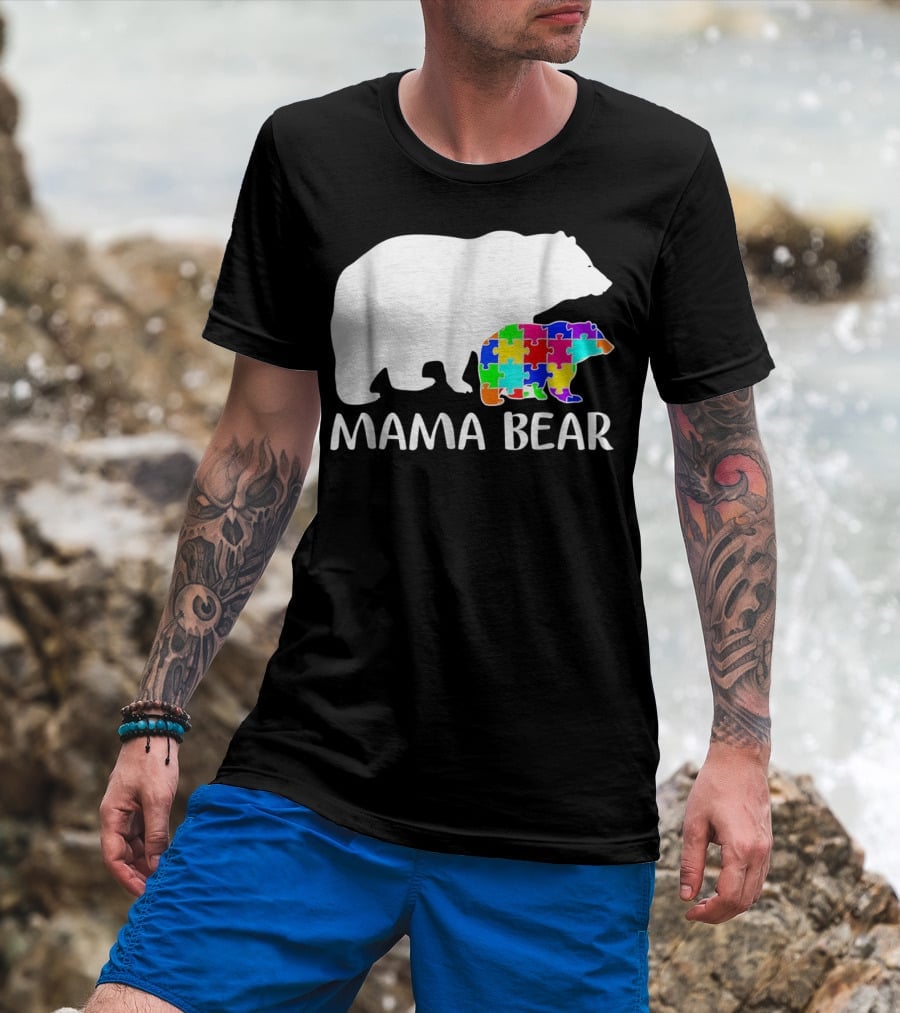 Mama Bear Puzzle Piece Autism Awareness Mother7 T-Shirt