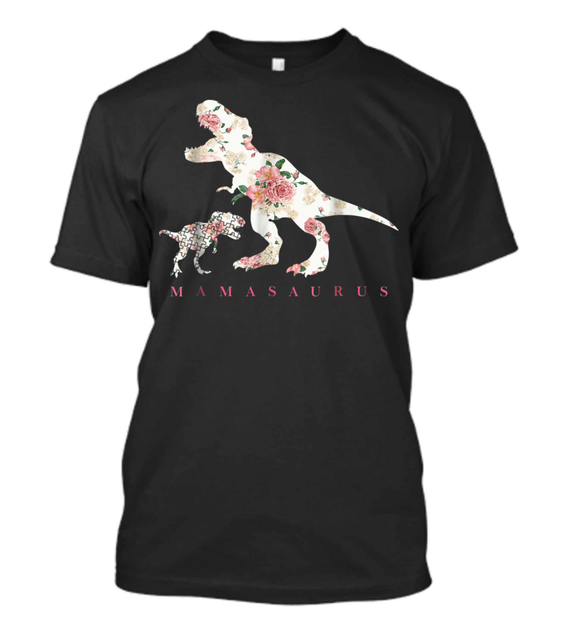 Mamasaurus Dinosaur With Floral And Puzzle Pattern For Autism Awareness T-Shirt