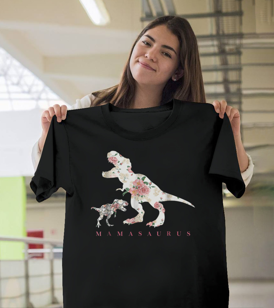 Mamasaurus Dinosaur With Floral And Puzzle Pattern For Autism Awareness T-Shirt