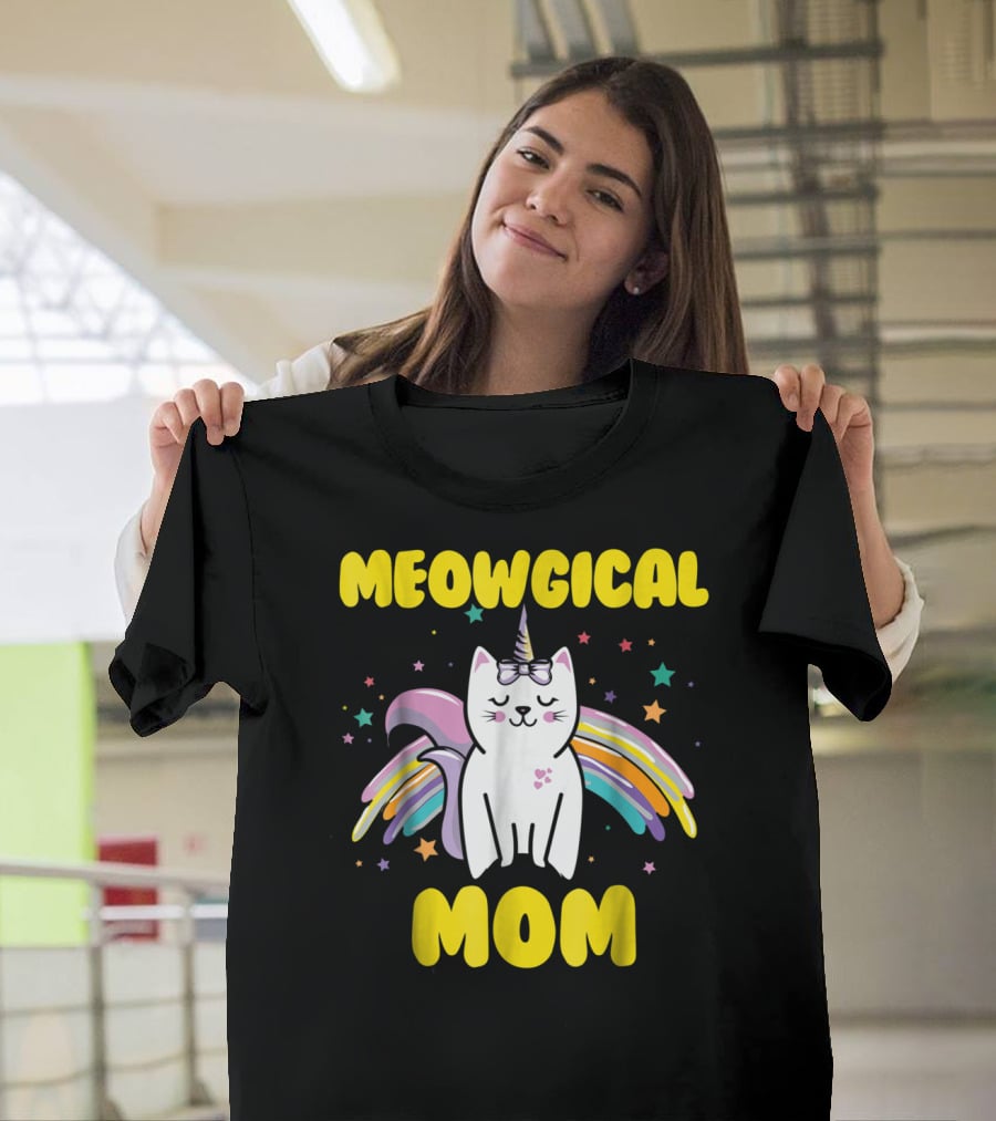 Meowgical Mom Magical Kitty Cat Unicorn Stars And Rainbow Wings T-Shirt