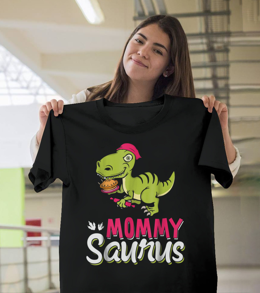 Mommy Saurus T-Rex Dinosaur with Burger and Red Bandana T-Shirt