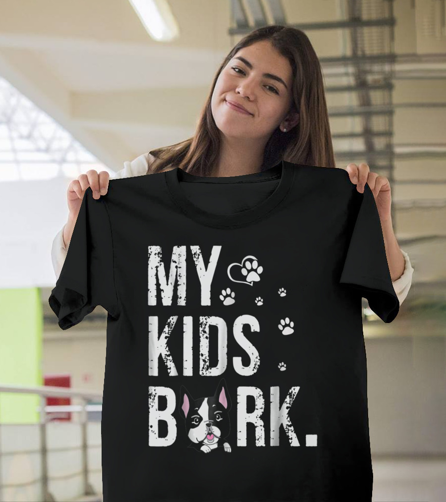 MY KIDS BARK Dog Paws Heart Icon Boston Terrier T-Shirt