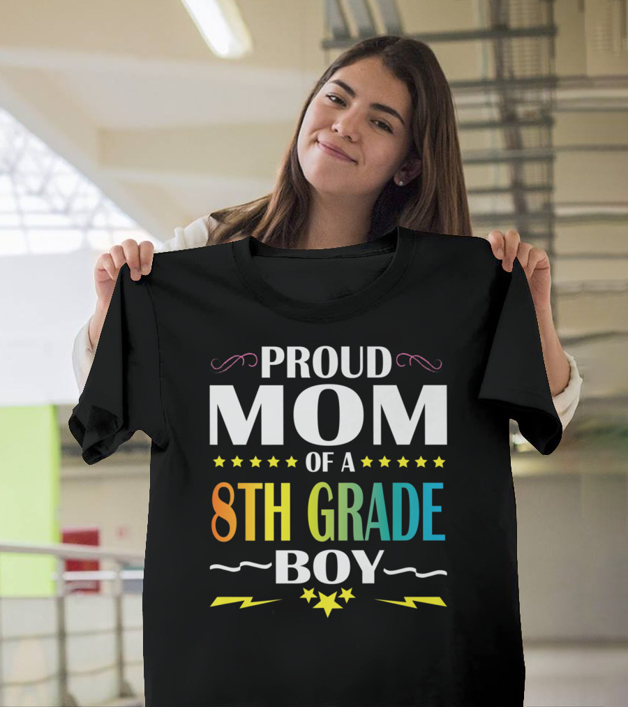 Proud Mom Of An 8th Grade Boy Distressed Stars Lightning First Day Of School T-Shirt