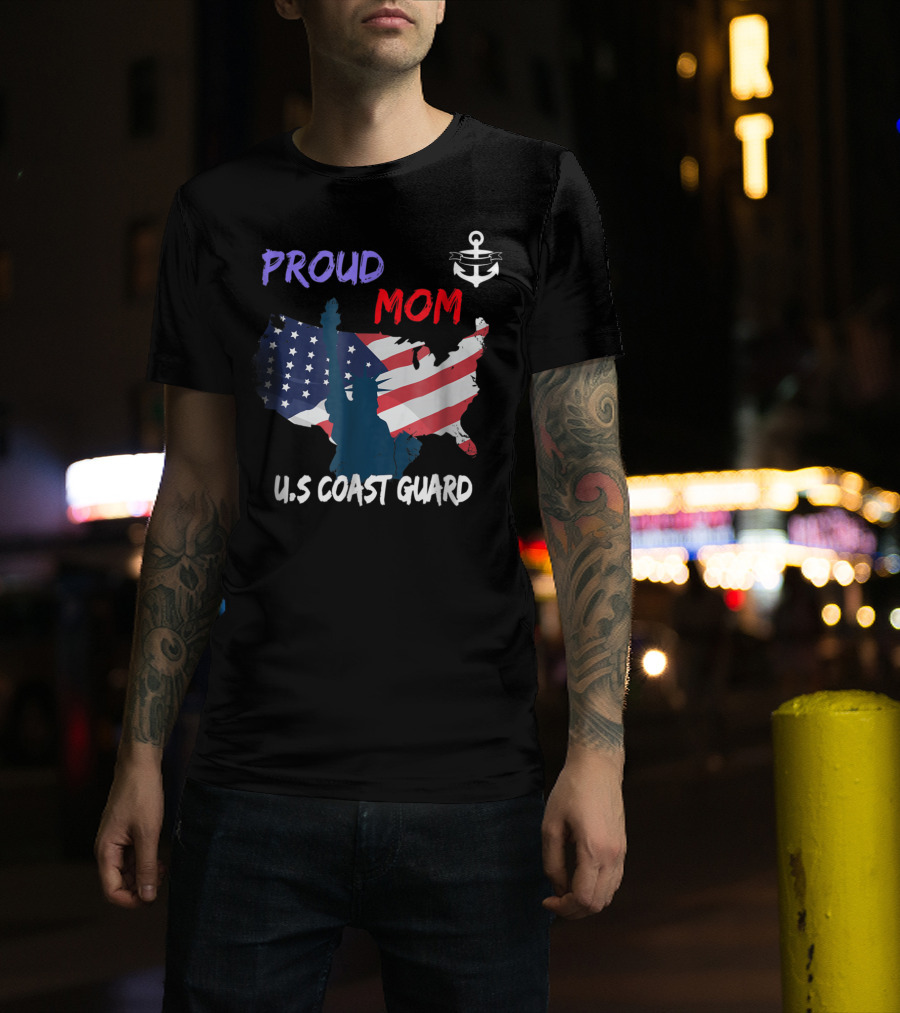 Proud Mom U.S. Coast Guard Anchor Flag Map T-Shirt