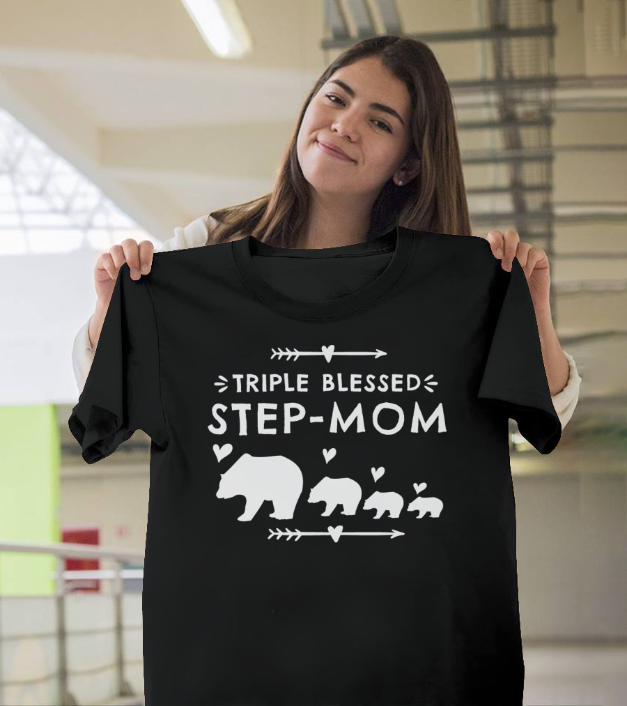Triple Blessed Step-Mom Bear With Heart And Arrow Motif T-Shirt