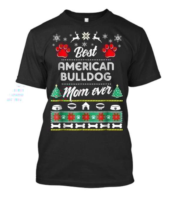 Best American Bulldog Mom Ever Christmas Sweater Style With Paw Prints And Snowflakes T-Shirt