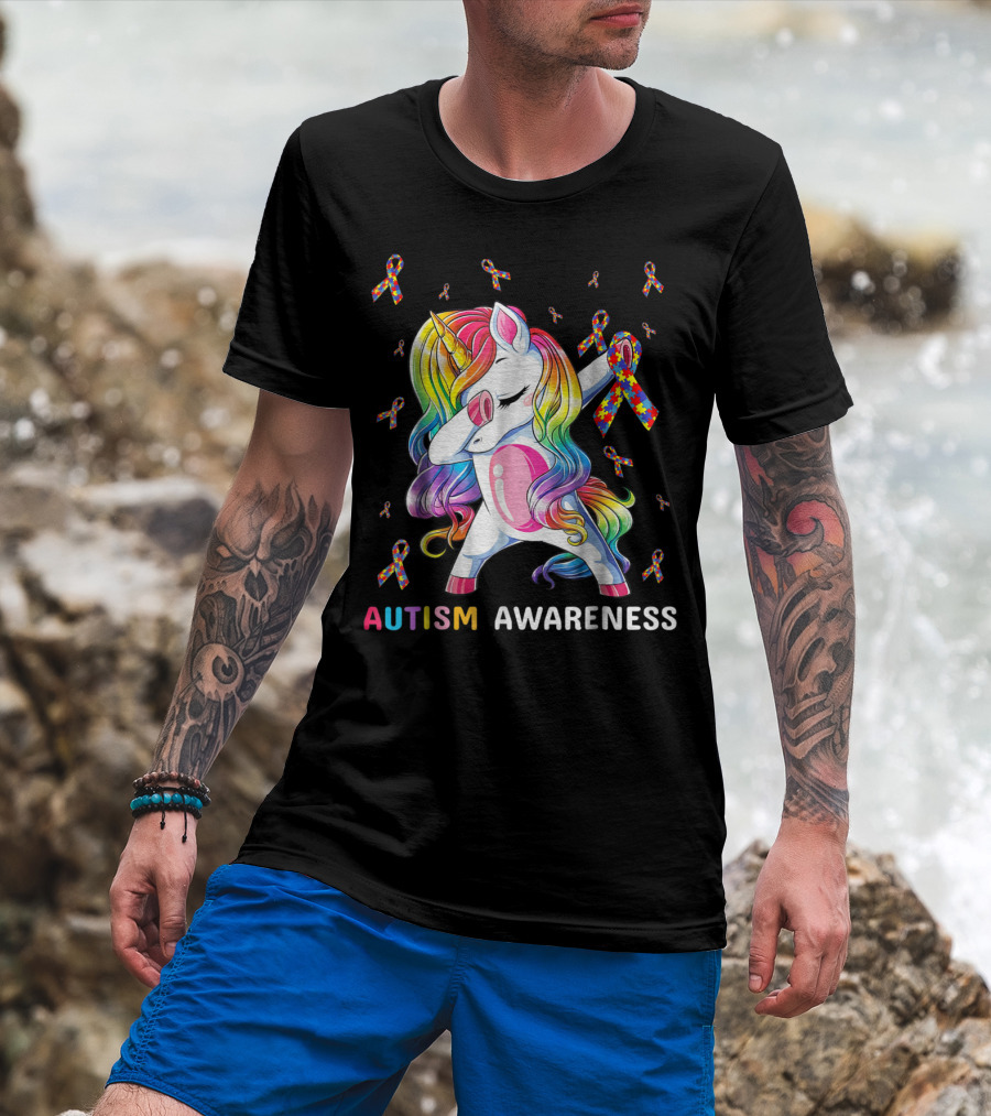 Autism Awareness Unicorn Dabbing With Rainbow Puzzle Ribbons T-Shirt