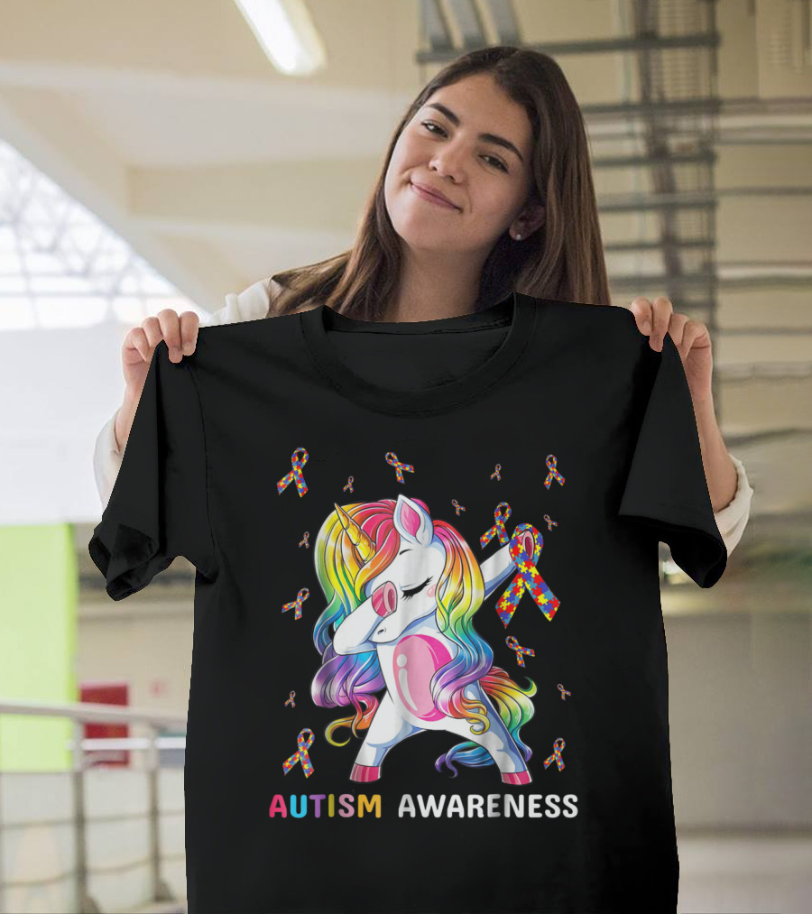 Autism Awareness Unicorn Dabbing With Rainbow Puzzle Ribbons T-Shirt