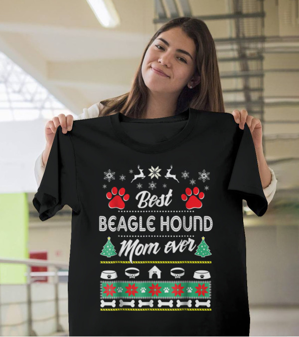 Best Beagle Hound Mom Ever Paw Trees Snowflakes And Bones T-Shirt