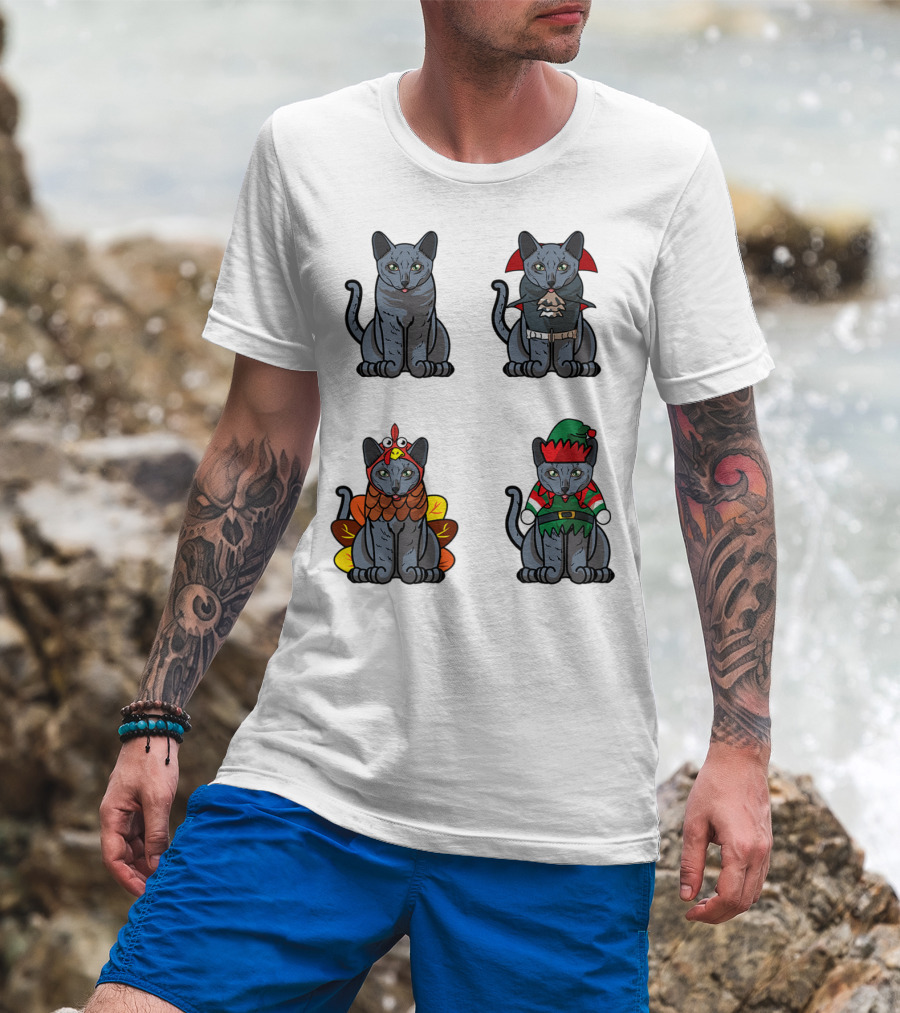 Blue Cat Halloween Thanksgiving Christmas Costumes T-Shirt