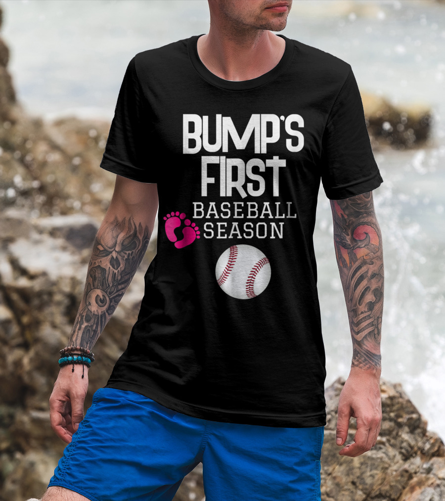 Bump's First Baseball Season New Mom To Be With Baby Footprints And Baseball T-Shirt