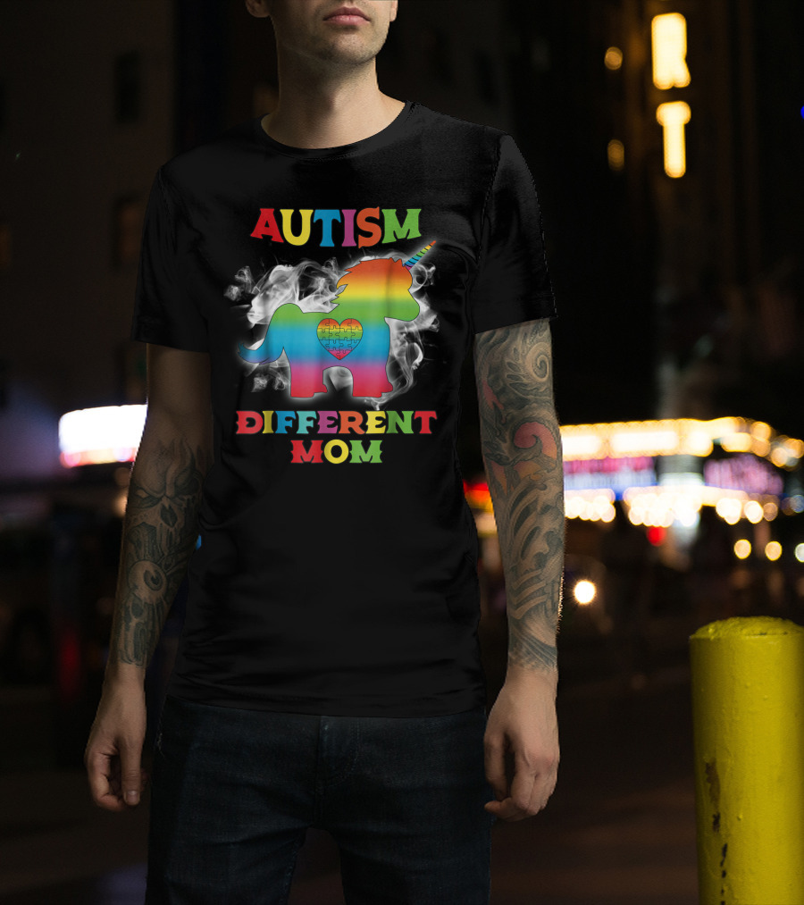 Autism Different Mom Rainbow Puzzle Heart Unicorn T-Shirt