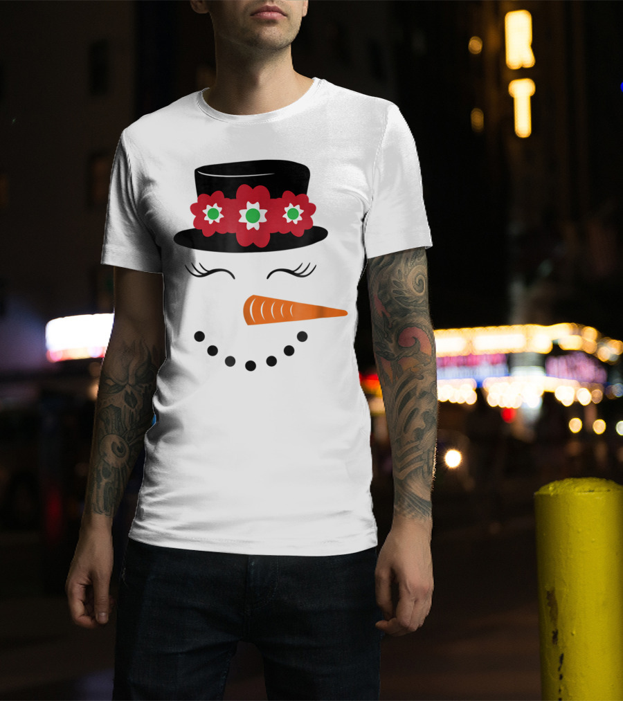 Family Christmas Card Snowman Woman With Hat And Flowers Mom Girl25 T-Shirt