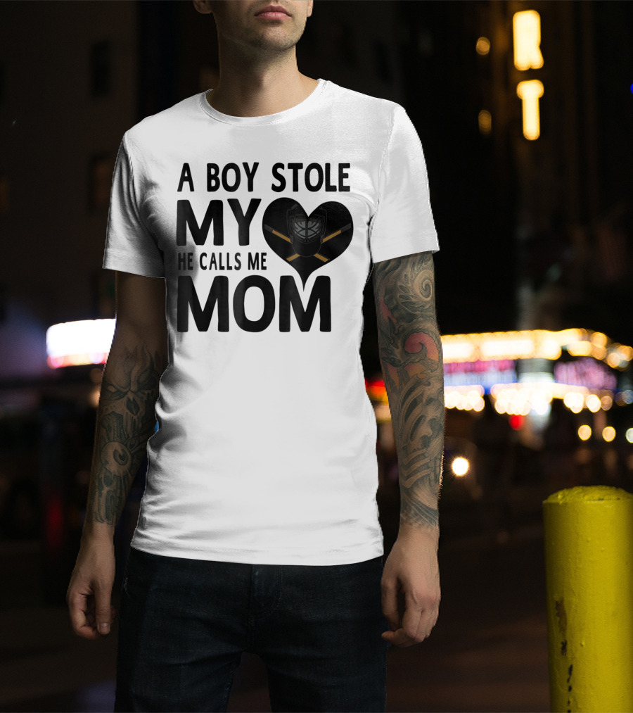 A Boy Stole My Heart He Calls Me Mom Hockey Heart Mask T-Shirt