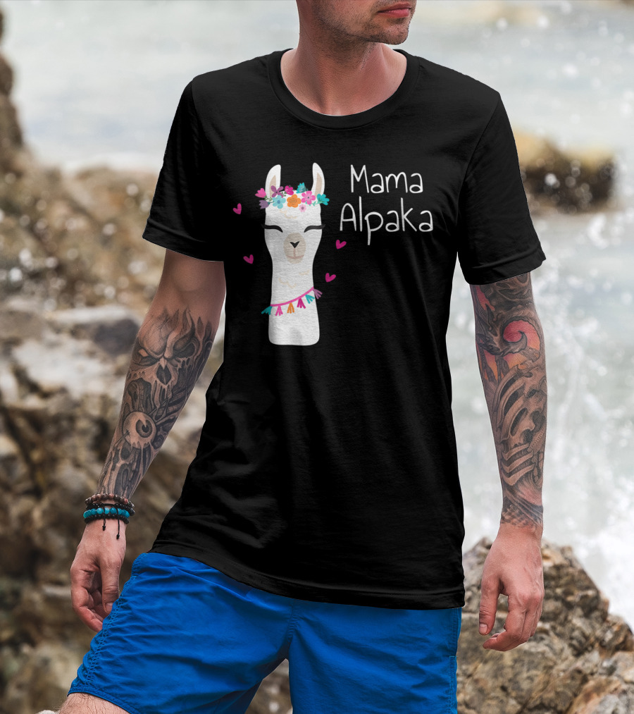 Mama Alpaka Funny Cute Floral Hearts T-Shirt