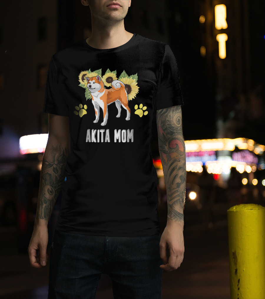 Akita Mom Sunflower With Paw Print Elements T-Shirt