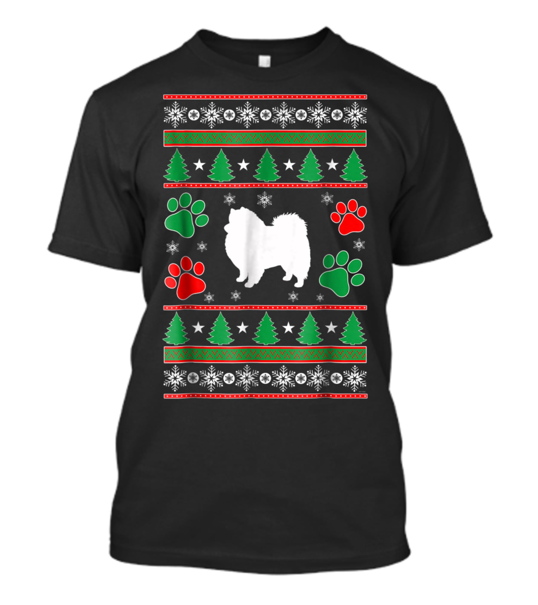 American Eskimo Spitz Mom Holiday Dogs Christmas Trees Snowflakes Paws T-Shirt