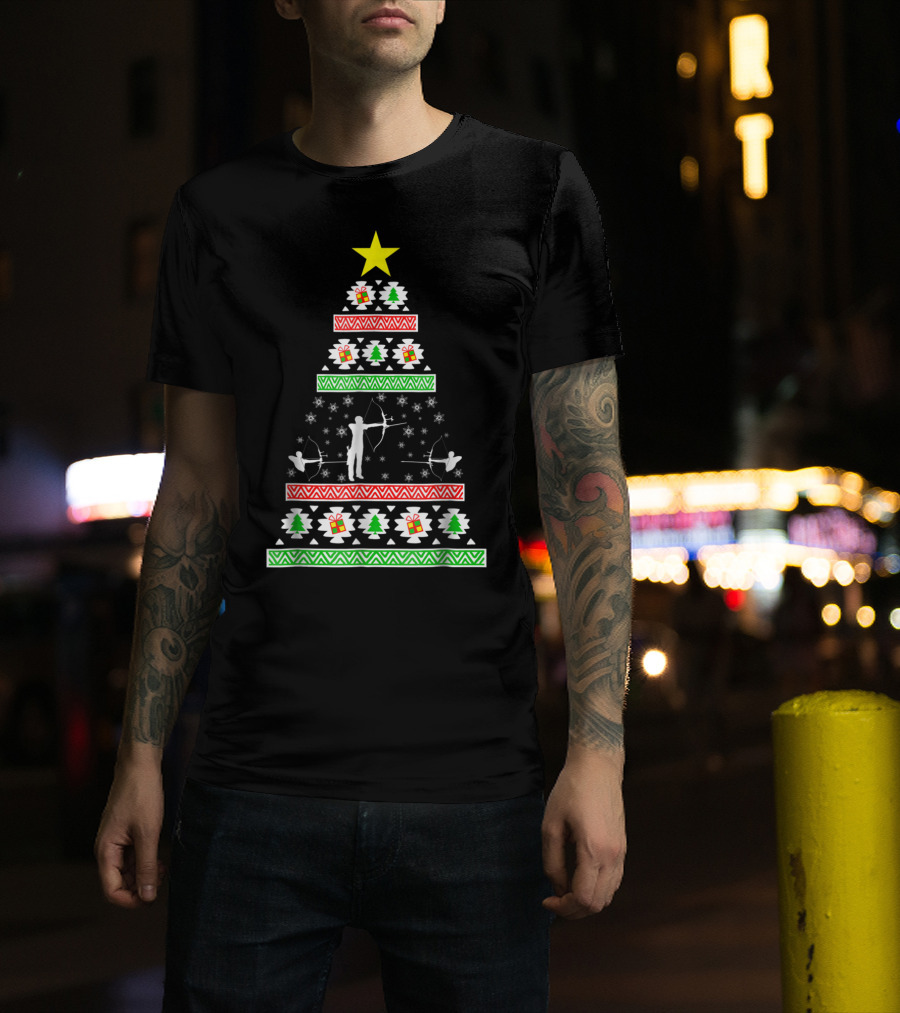 Archery Ugly Christmas Dad98 Tree Pattern With Star And Gifts T-Shirt