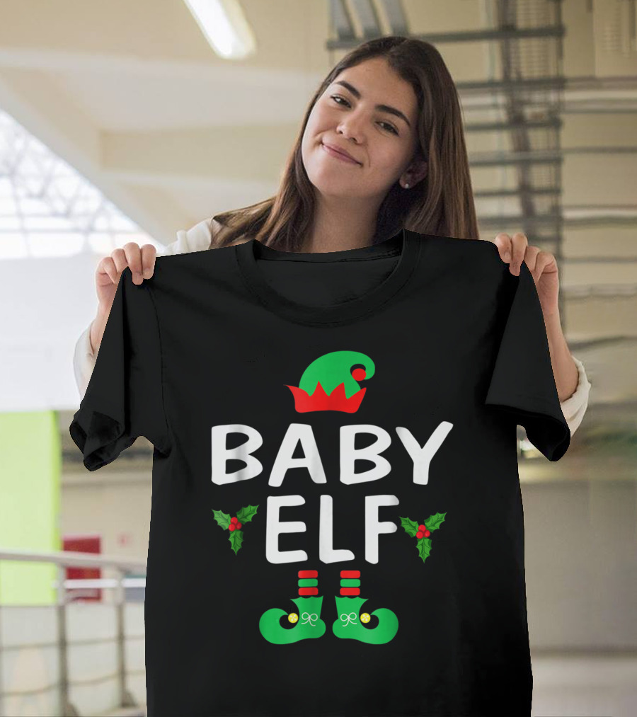 BABY ELF Christmas Green Hat Holly Boots T-Shirt