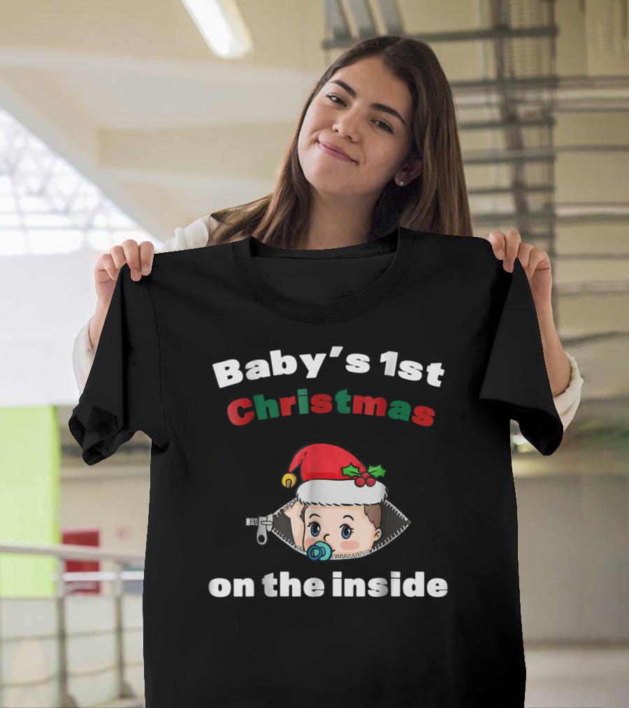 Baby's 1st Christmas On The Inside Mom To Be Santa Hat Zipper T-Shirt