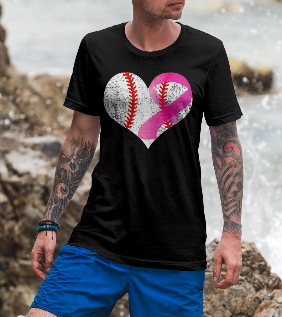 Baseball Heart Pink Ribbon Breast Cancer Awareness Mom81 T-Shirt