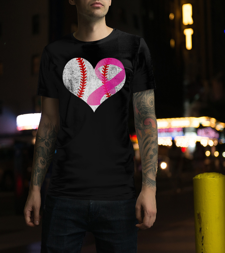 Baseball Heart Pink Ribbon Breast Cancer Awareness Mom81 T-Shirt