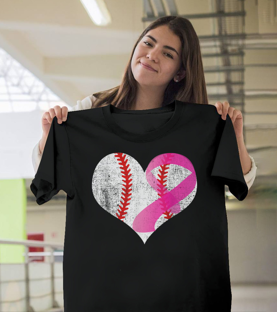 Baseball Heart Pink Ribbon Breast Cancer Awareness Mom81 T-Shirt