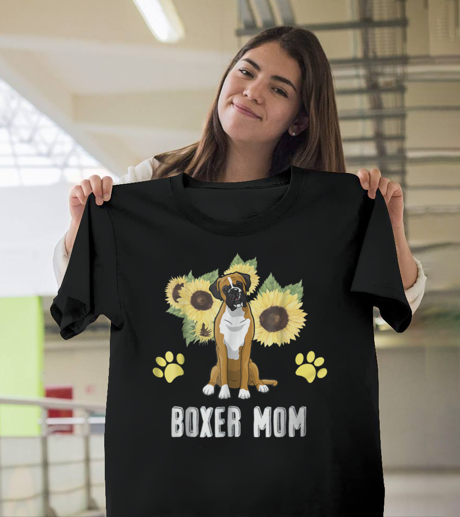 Boxer Mom Sunflowers Paw Prints T-Shirt