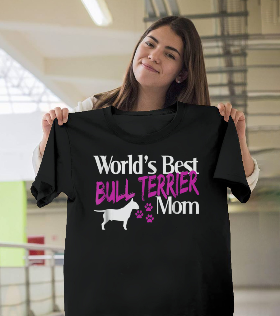 World's Best Bull Terrier Mom With Dog Silhouette And Paw Prints T-Shirt