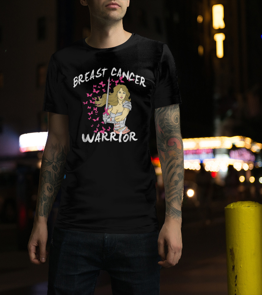 Breast Cancer Warrior Mom Knight With Ribbon Sword And Butterflies T-Shirt
