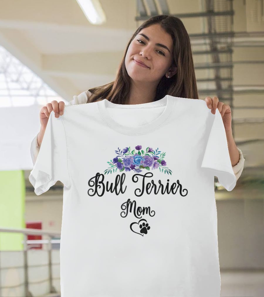 Bull Terrier Mom Floral Flowers Paw Heart T-Shirt