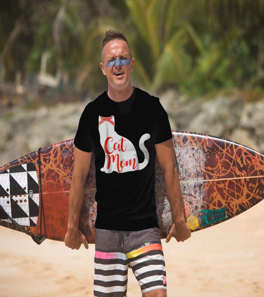 Cat Mom Cute Cat Owner Lover With Red Bow T-Shirt