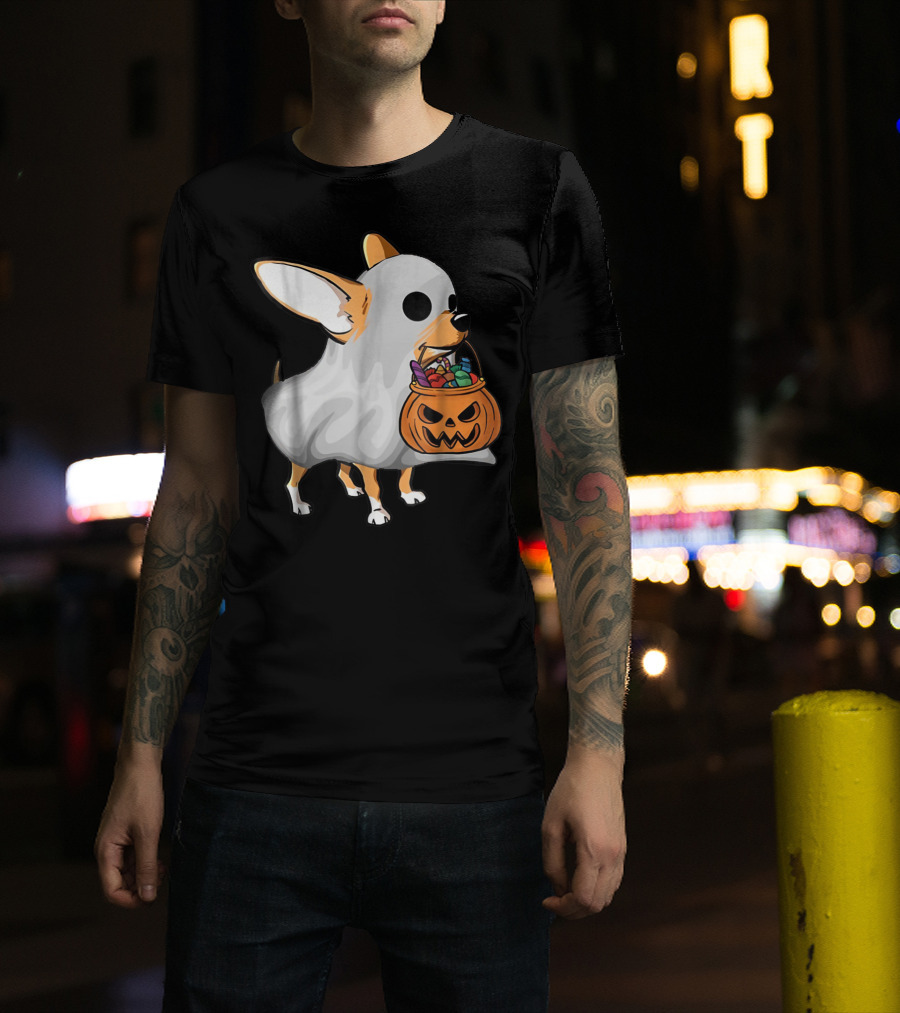 Ghost Chihuahua Trick-or-Treat Pumpkin Basket T-Shirt