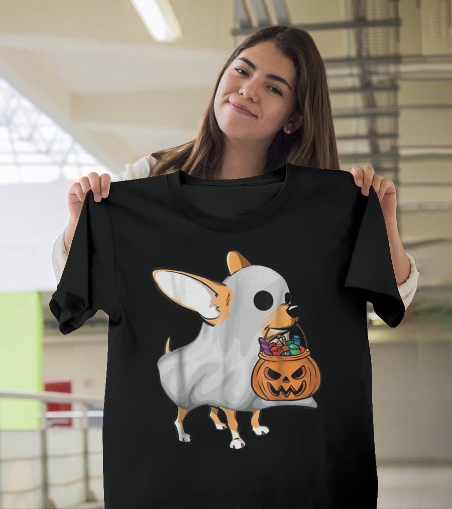 Ghost Chihuahua Trick-or-Treat Pumpkin Basket T-Shirt