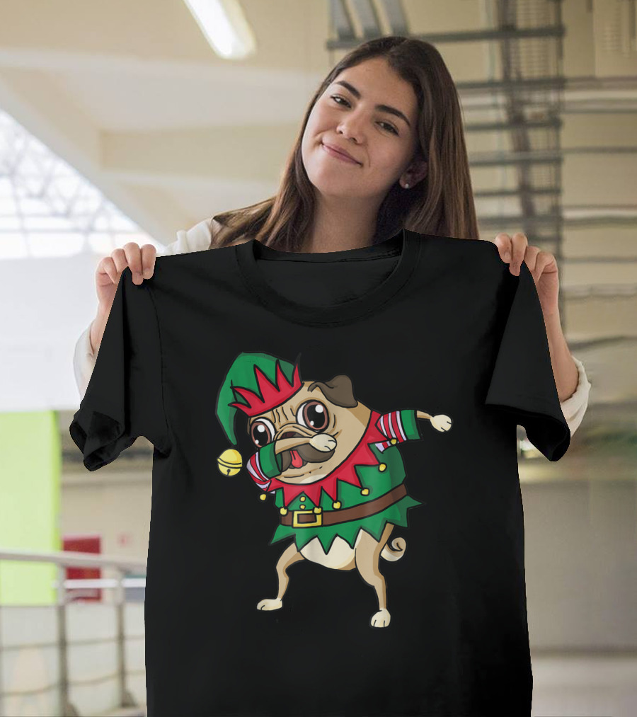 Christmas Dabbing Pug Dog Elf Costume with Festive Hat and Green Red T-Shirt