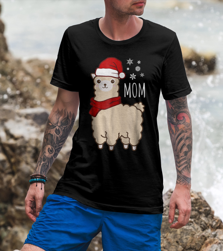 Christmas Mom Llama Cria Herd Xmas Mother Santa Hat Snowflakes T-Shirt